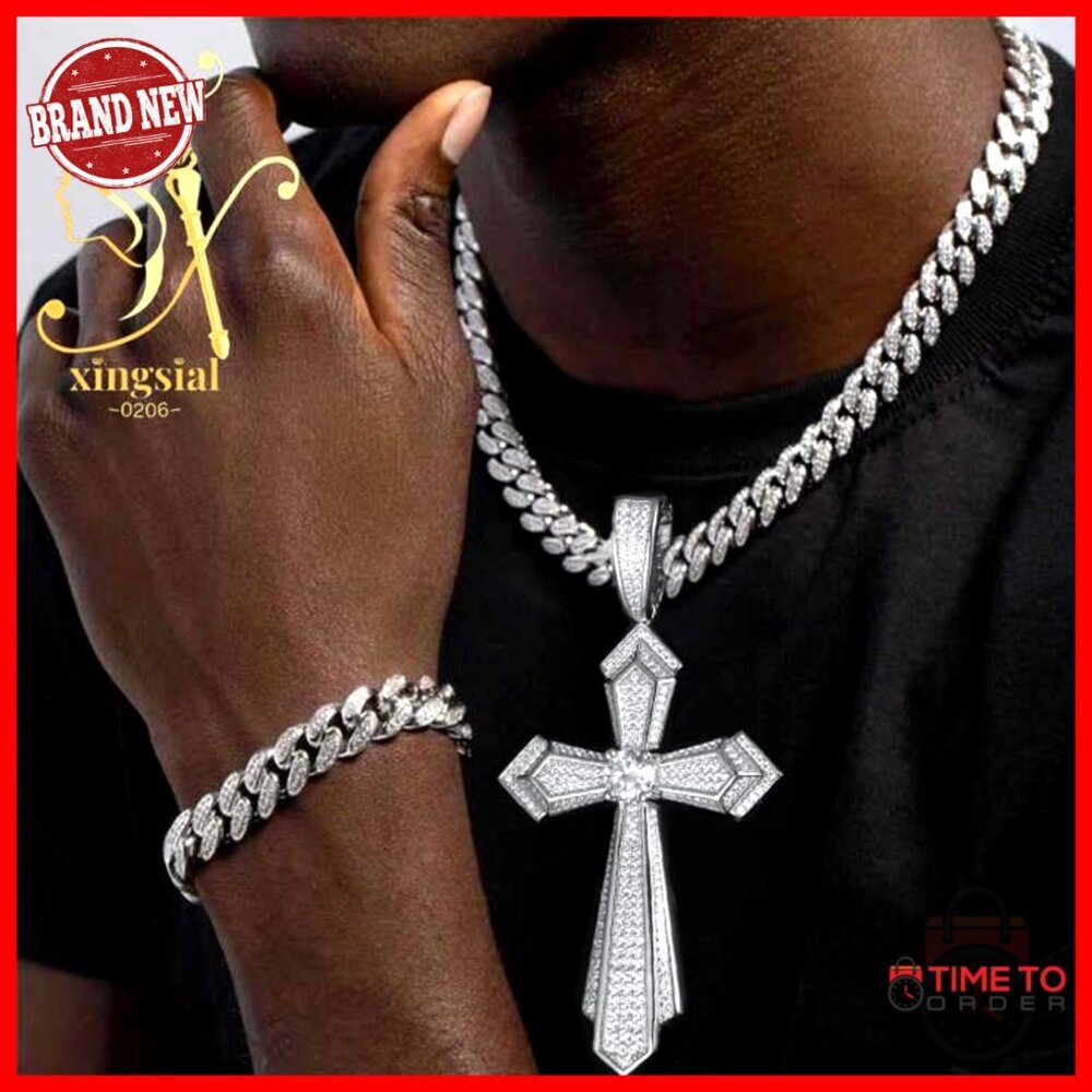 Men's Moissanite Cross Pendant Necklace S925 Silver 2.9CT Diamond Hiphop Jewelry - Picture 2 of 7